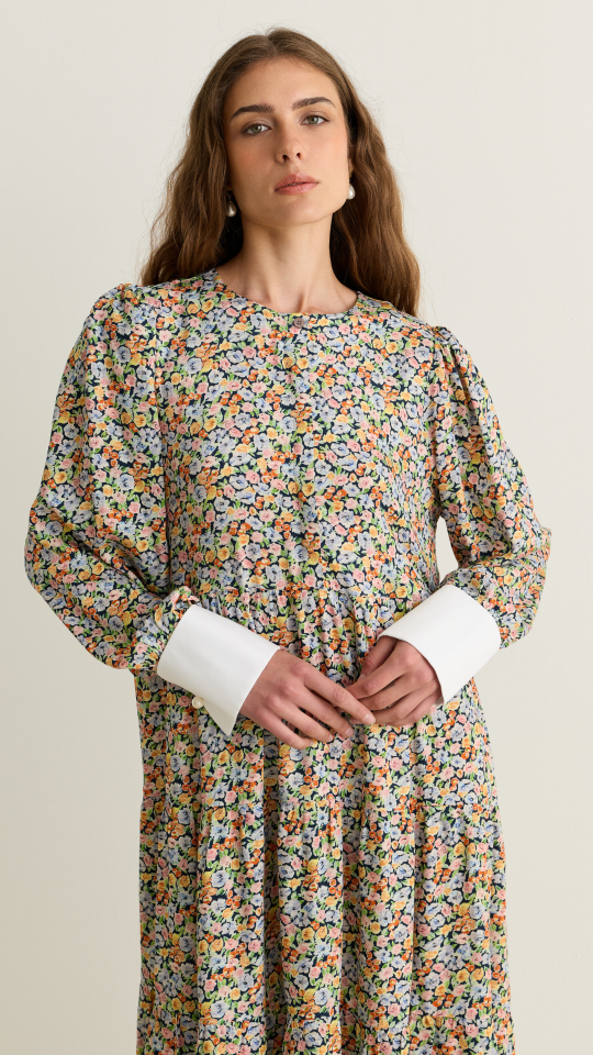 Manşet Detaylı Viskon Elbise Floral