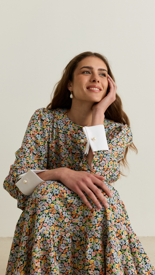 Manşet Detaylı Viskon Elbise Floral