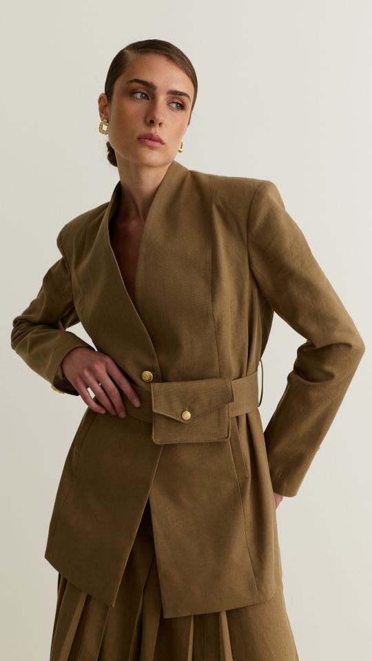 Kuşağı Cep Detaylı Blazer Ceket - Haki