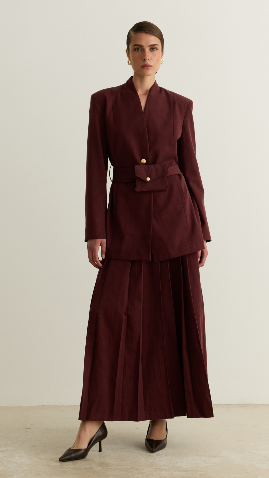 Kuşağı Cep Detaylı Blazer Ceket - Bordo