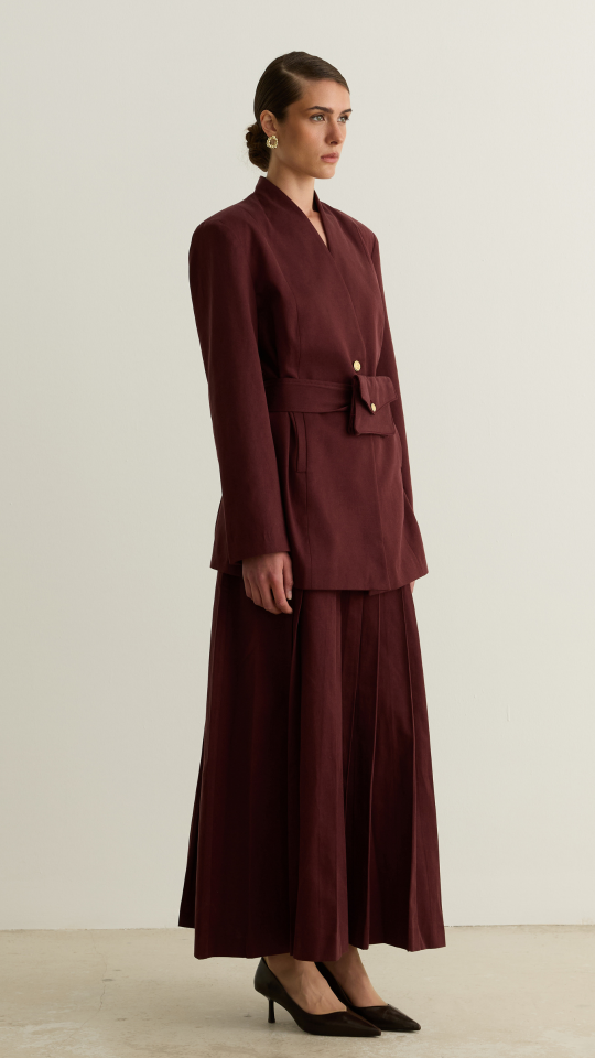 Kuşağı Cep Detaylı Blazer Ceket - Bordo