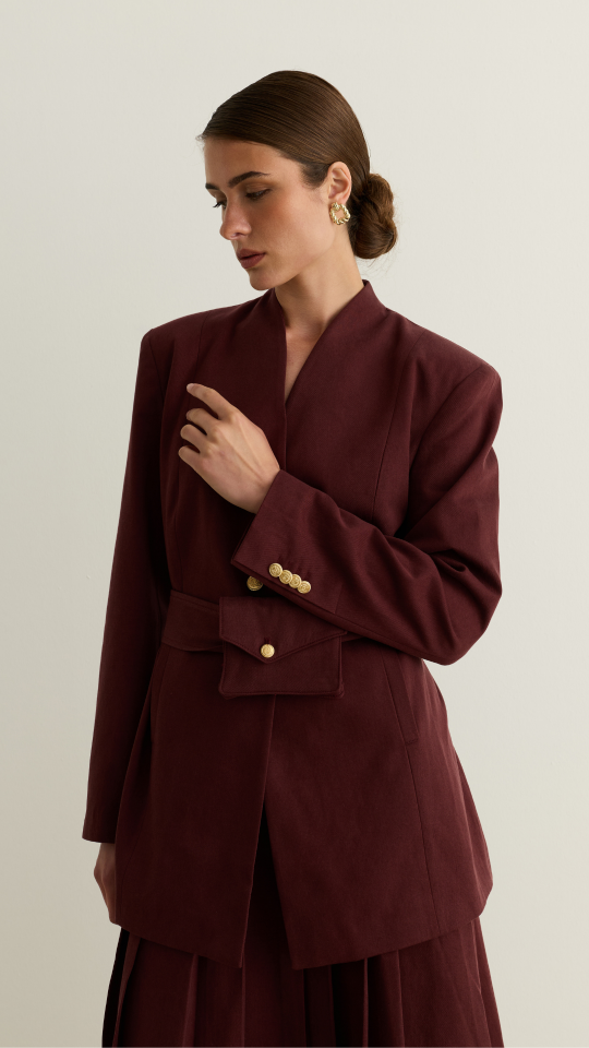 Kuşağı Cep Detaylı Blazer Ceket - Bordo