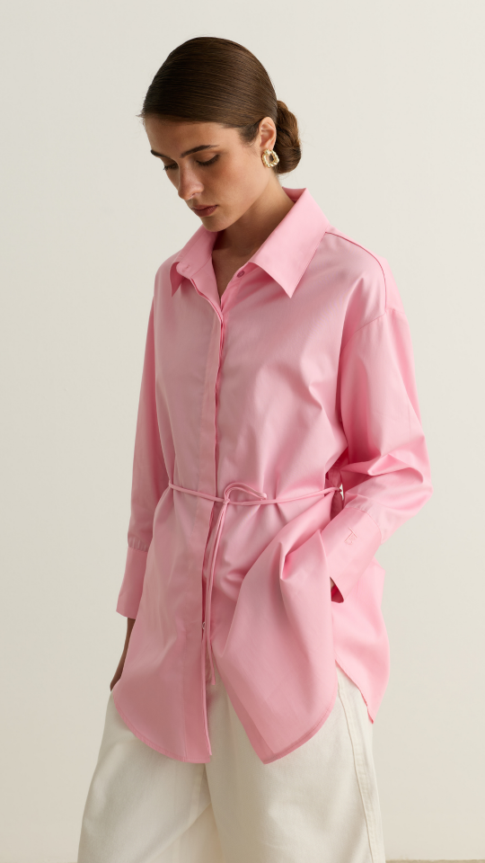 Geniş Manşet Detaylı Oversize Gömlek - Pembe