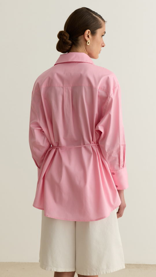 Geniş Manşet Detaylı Oversize Gömlek - Pembe