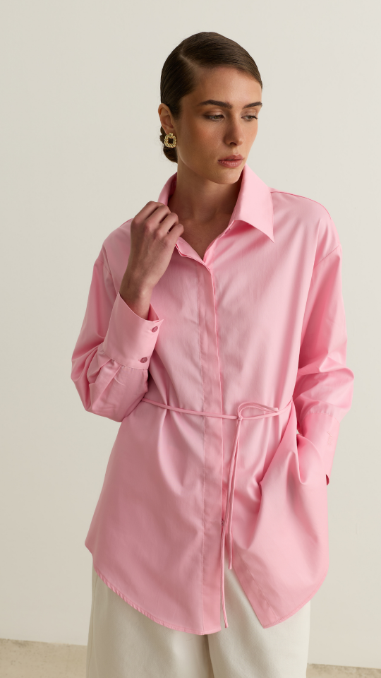 Geniş Manşet Detaylı Oversize Gömlek - Pembe