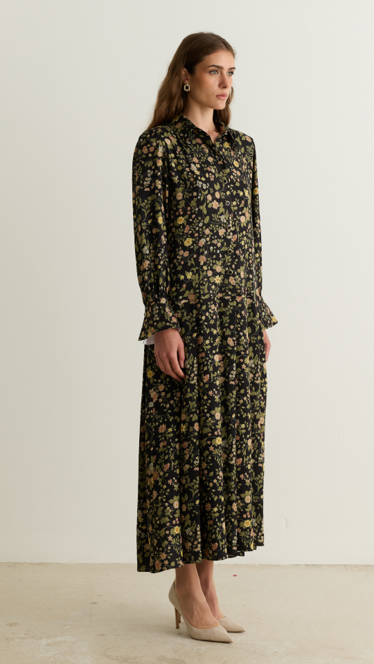 Floral Desen Pileli Elbise
