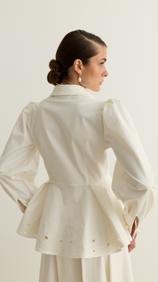 Nakışlı Peplum Gömlek - Beyaz