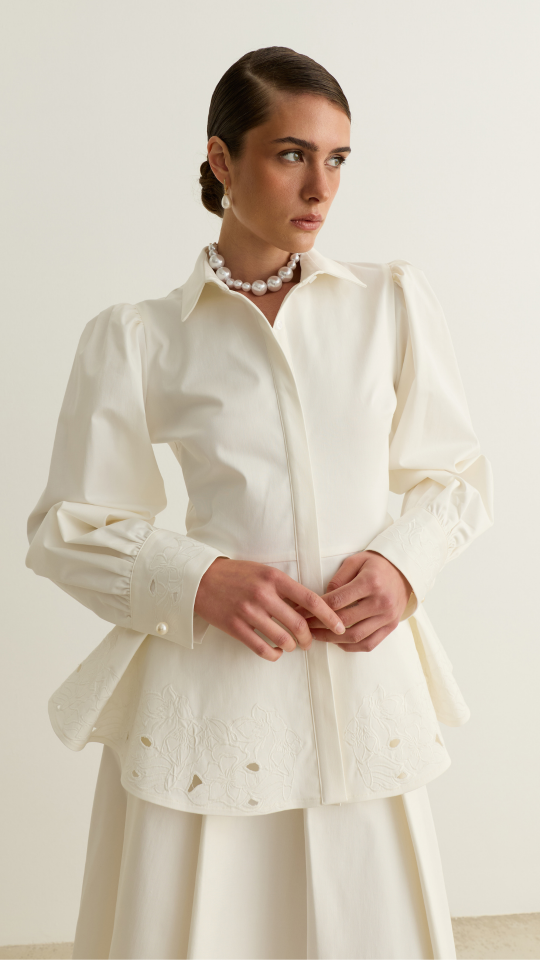 Nakışlı Peplum Gömlek - Beyaz