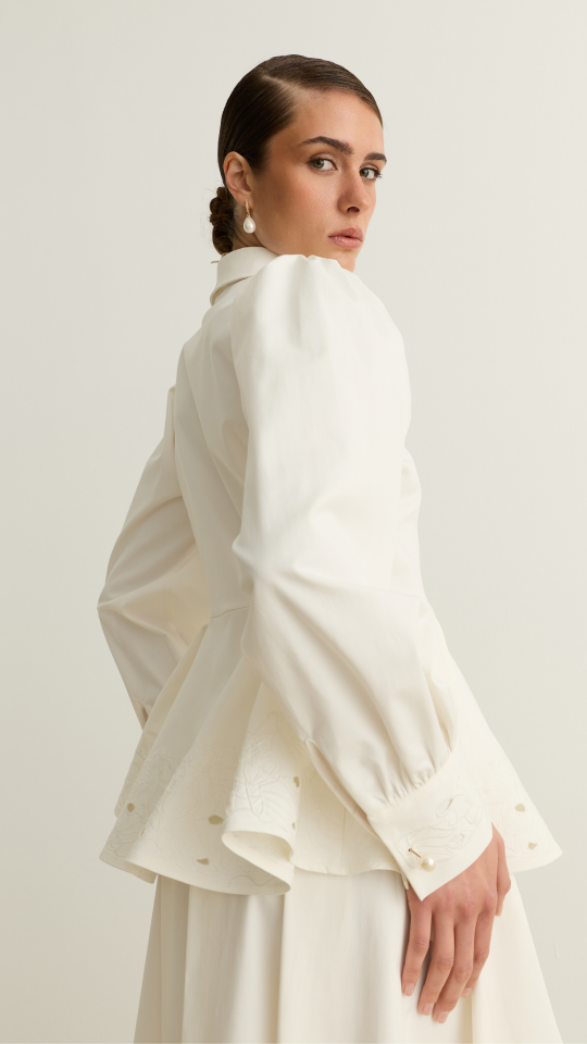 Nakışlı Peplum Gömlek - Beyaz