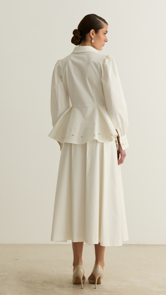 Nakışlı Peplum Gömlek - Beyaz