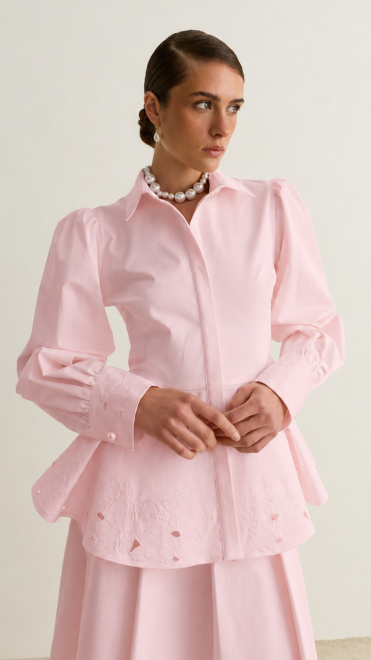 Nakışlı Peplum Gömlek - Pembe