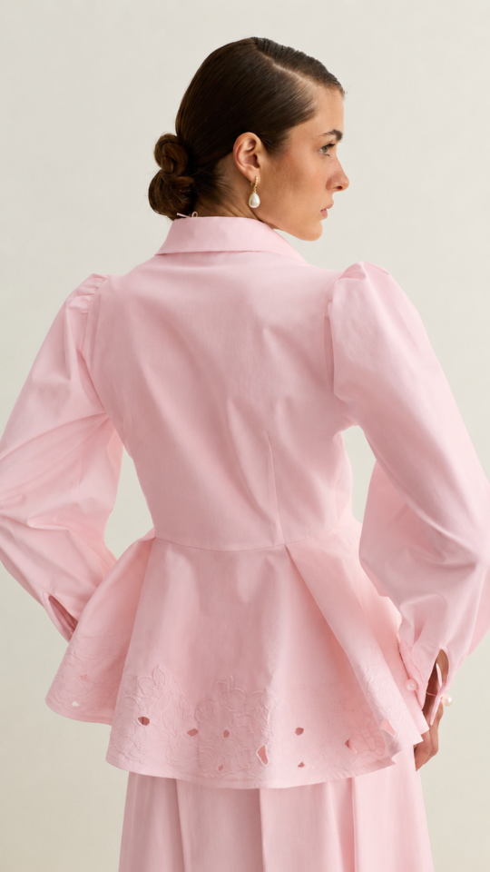 Nakışlı Peplum Gömlek - Pembe