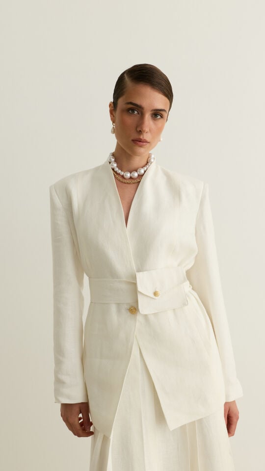 Kuşağı Cep Detaylı Keten Blazer Ceket