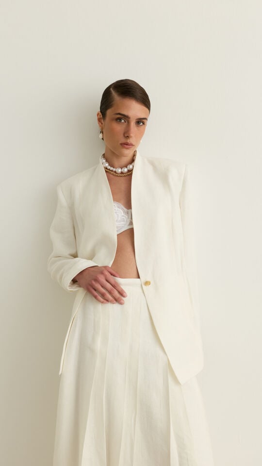 Kuşağı Cep Detaylı Keten Blazer Ceket